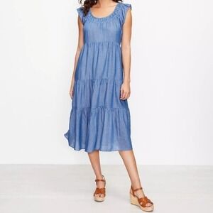 Loft Chambray Ruffle Dress Sz XS Soft tiered Sleeveless Midi‎ Boho Cottage Beach
